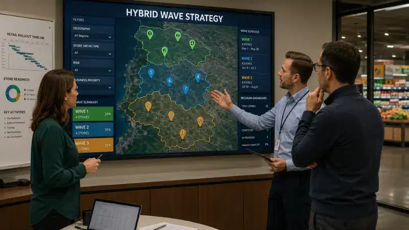 Retail rollout team grouping supermarkets into controlled electronic shelf label deployment waves